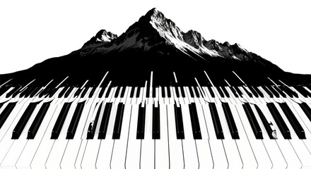 Monochromatic fusion of mountainous landscape and piano keys creating a surreal musical vista © siti