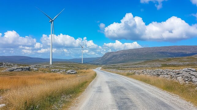 Open road winds through a landscape with wind turbines under a blue sky - Powered by Adobe