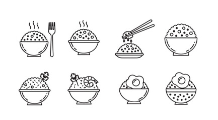 Collection of eight stylized rice bowl illustrations with various toppings silhouette