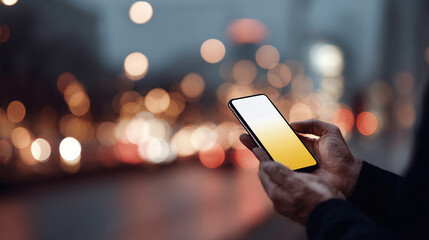 Hands hold a blank phone screen against soft city lights, suggesting connection, technology, and modern urban living. Great for communication  lifestyle themes.