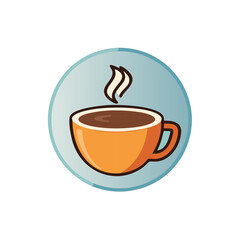 Orange Coffee Cup Icon with Steam on Blue Round Background Simple Vector Illustration