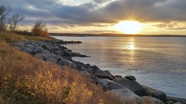 Autumn sunset over a lake, rocky shoreline - Powered by Adobe