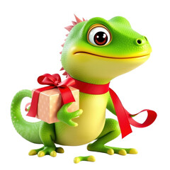 Fototapeta premium Adorable Green Lizard with a Gift