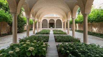 Elegant courtyard with arched walkways, lush gardens, and symmetrical design, evoking serenity and historical charm