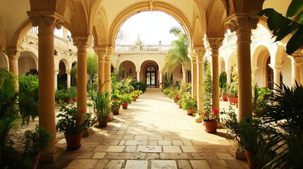 Grand arched hallway leads to a sunny courtyard filled with potted plants and classical architecture