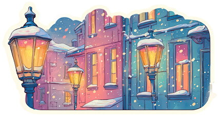 Retro winter street scene sticker with glowing lamps and falling snow.