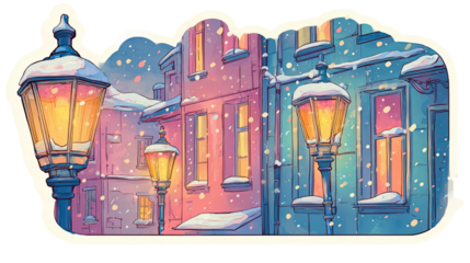Retro winter street scene sticker with glowing lamps and falling snow.