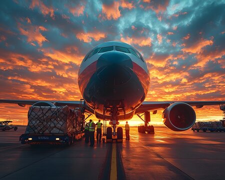 A cargo airplane is being loaded on the airport tar during a vibrant and dramatic sunset