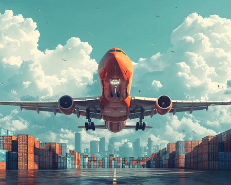 Orange airplane taking off from a runway amidst shipping containers and a cityscape symbolizing air cargo transport