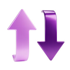 Two glossy purple arrows pointing up and down arrow up arrow down isolated on a white transparent background png file download.
