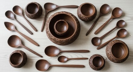Fototapeta premium Hand Carved Wooden Bowls and Spoons on Rustic Table
