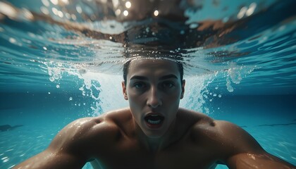 Indoor swimming segment, underwater view, athlete’s motion smooth.
