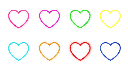 Eight colorful neon heart outlines with fluffy edges isolated on a white transparent background png file download.

