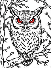Minimilist illustration of a great horned owl perched on a branch with red eyes and detailed feathering design vector
