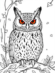 Minimilist detailed line art of an owl with striking red eyes perched on a branch in a leafy tree scene vector