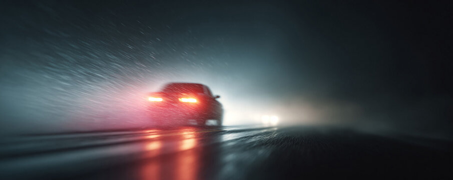 A car drives through heavy rain at night, illuminated by its headlights. Conveying themes of travel, danger, and resilience. Great for transportation, weather, or safety related projects.