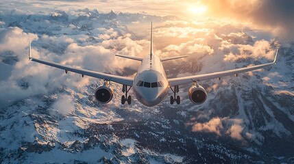 A commercial airplane flies majestically over vast snowy mountain ranges during a breathtaking sunset