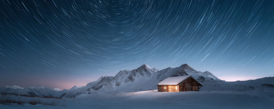 Enchanting night scene features a cozy cabin illuminated beneath swirling star trails in a snowy mountain landscape. Ideal for travel, winter, or fantasy concepts.