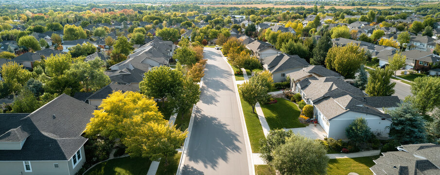 Aerial view of a peaceful suburban neighborhood with treelined streets and houses. Ideal for real estate, community planning, or residential living concepts. Serene and idyllic.