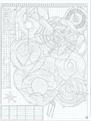 Minimilist abstract sketch on graph paper featuring swirls circles and geometric shapes in black and white design vector