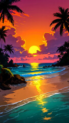 Vibrant tropical sunset over the ocean with palm trees