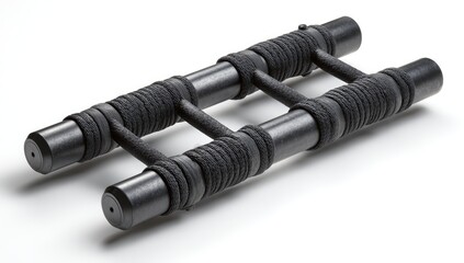 A pair of dark cylindrical objects connected by a wrapped lattice structure, possibly a martial arts weapon or tool