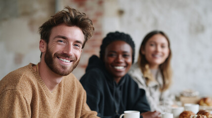 Obraz premium Diverse group of friends enjoying brunch. Smiling faces, warm tones, and a relaxed atmosphere. Ideal for teamwork, friendship, and lifestyle concepts.