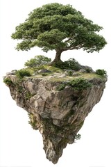 A solitary, lush green tree thrives atop a rocky, floating island against a stark white background
