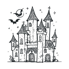 Fototapeta premium A hand-drawn spooky castle with bats flying near the moon.