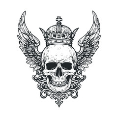 A crowned skull with wings and ornate carvings.
