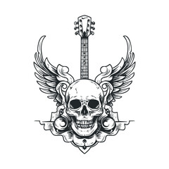 Obraz premium A skull with wings and a guitar neck above it.