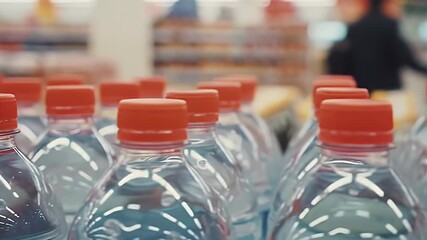 Closeup of Plastic Water Bottles with Red Caps in a Grocery Store