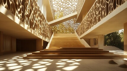 Obraz premium Architectural interior with wooden staircase and intricate, sunlight-filtered patterns. Warm tones and natural light