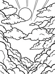 Minimilist illustration of clouds with sun rays shining through them in a black and white line drawing style image vector