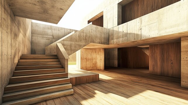 Modern concrete and wood interior features stairs, light, and open spaces, a clean and geometric design - Powered by Adobe