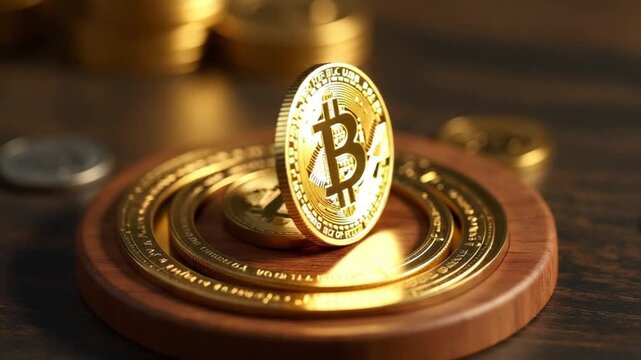 Coin, Elite Gold Bitcoin in Full Rotation, Cryptocurrency, Money, Wooden Boards, Exclusive, Looped, Unique Design, Finance