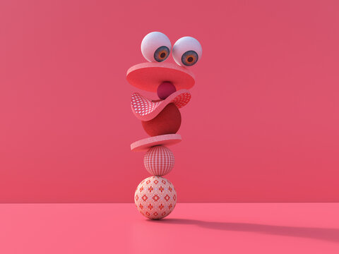 3d humorous abstract stacked shapes with eyes on pink background