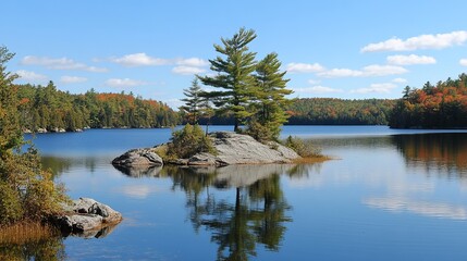 Tranquil lake scene with fall foliage