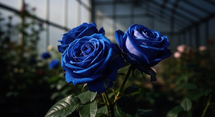 Three vibrant blue roses, velvety petals, water drops, greenhouse setting