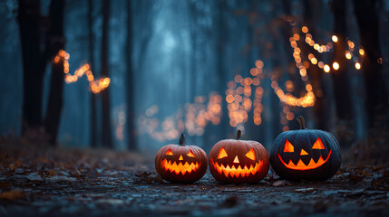 Carved Halloween pumpkin emitting an eerie orange glow, placed on weathered wooden planks for a spooky effect. event programs.