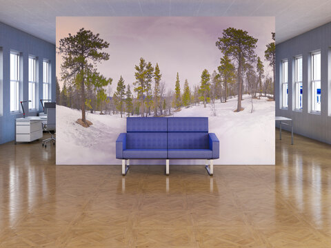 Fototapeta Office interior with winter landscape wallpaper and blue sofa