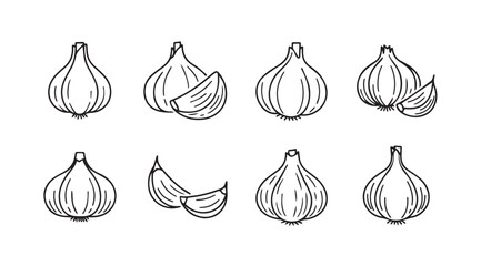 Hand drawn sketch of garlic bulbs and cloves in silhouette