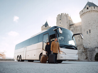 Mature travelers arriving by bus at a historic castle, suggesting group tours, luxury travel, or cultural exploration. Ideal for tourism or transportation themes.