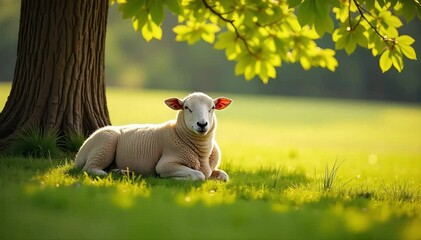 Sheep resting under tree on warm sunny afternoon 