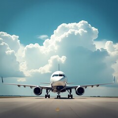 Obraz premium Modern passenger jet airplane awaiting takeoff on runway under dramatic cumulus clouds