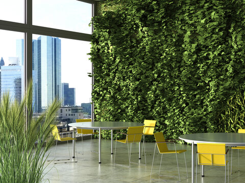 Urban office interior with vertical garden and natural light