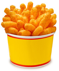 Puffed corn snacks cheesy chips in paper bucket isolated on white background, Puff corn or Corn puffs cheese flavor on white With clipping patin, High resolution photography.