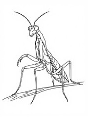 Minimilist detailed line art illustration of a praying mantis perched on a branch with a white background scene vector