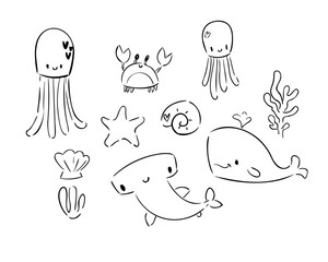 Hand drawn Sea animals Sketch with pencil octopus, crab, whale, hammer, stars, shells Illustration Vector on a white background