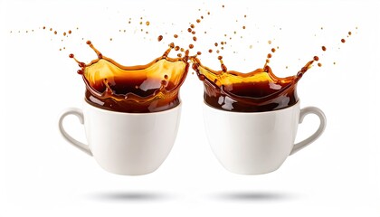 Twin Coffee Cups Splashing Brown Liquid on White Background